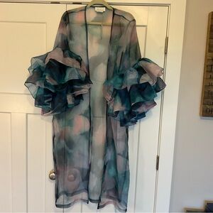 Anthropologie Sheer Watercolor Kimono in Teal and Blush